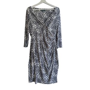 Lauren Ralph Lauren 3/4 Sleeve Surplice Ruched Gray Pattern Jersey Dress Size 10
